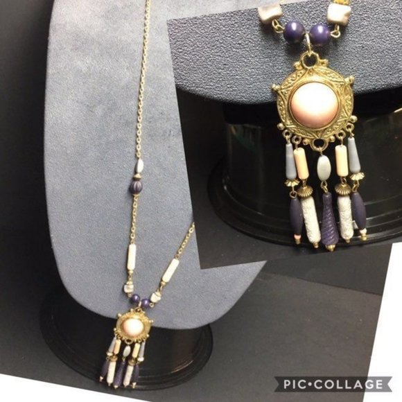 Medallion Pendant Dangle Necklace Gold Chain Purple Peach Cream Retro BoHo - Picture 1 of 8